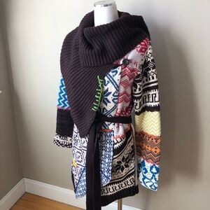 Desigual Colorful Fair Isle Chunky Wool blend Belted Cardigan Sweater L